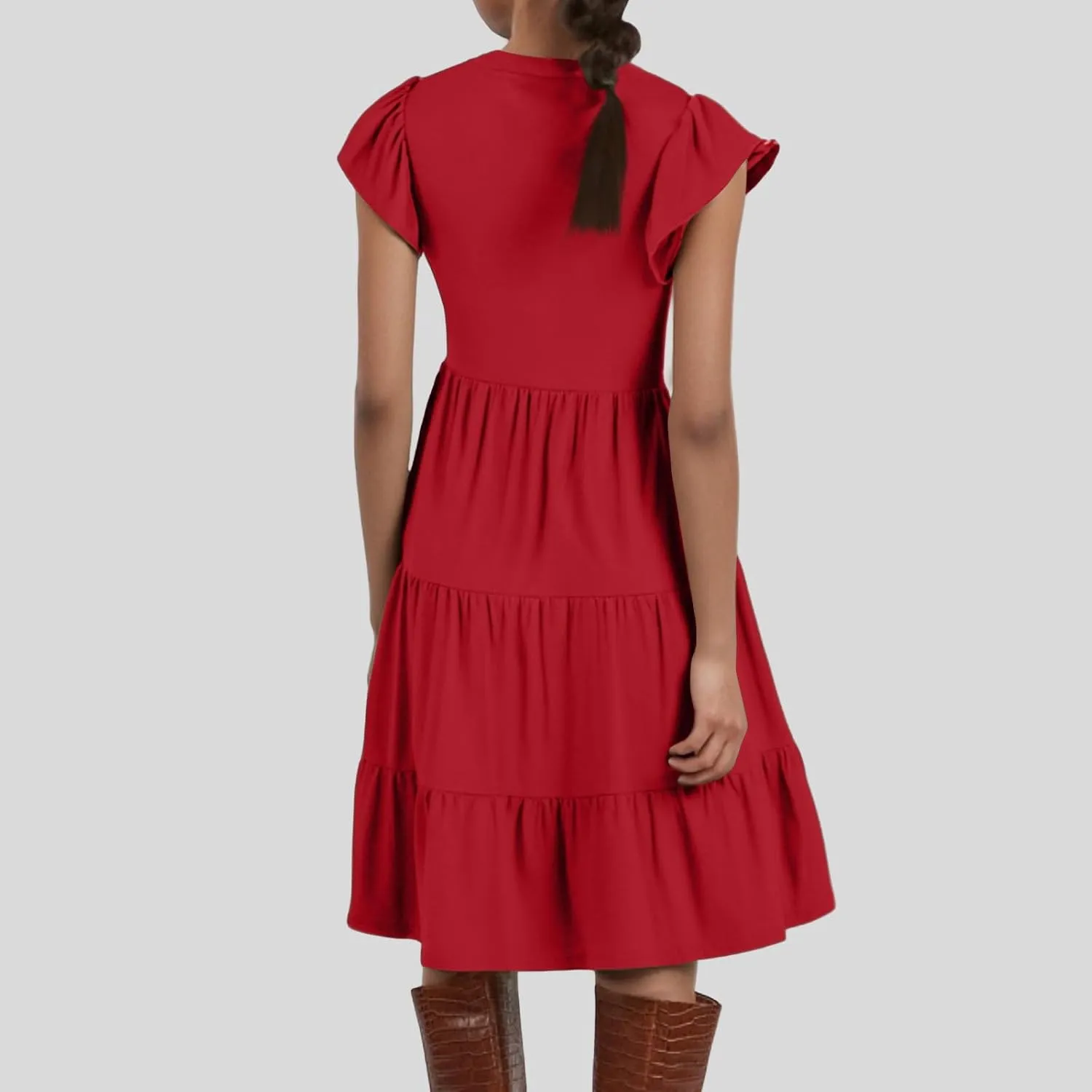 Sundresses for Women 2025 Summer Ruffle Sleeve V Neck Midi Dresses Casual Loose Fit Flowy Tiered Boho Beach Dress