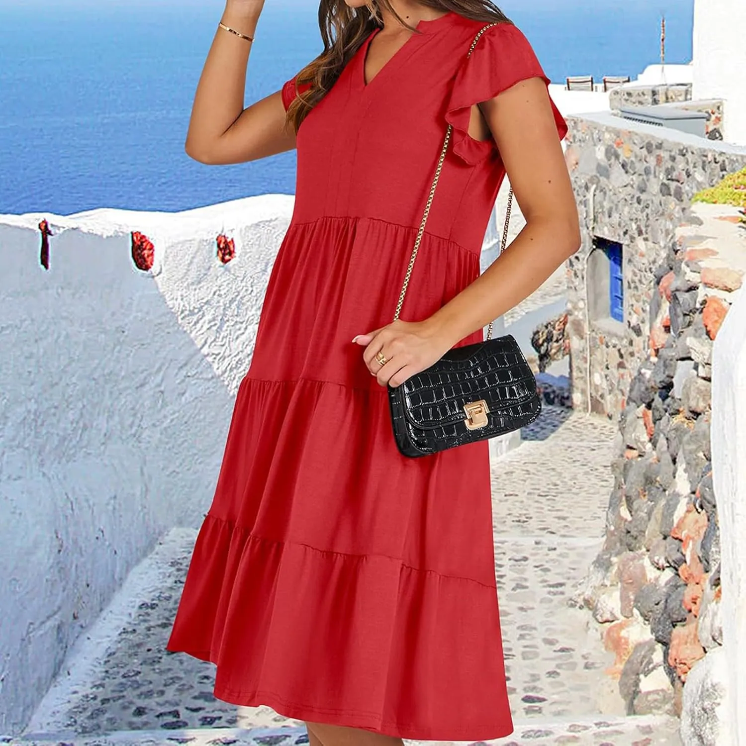 Sundresses for Women 2025 Summer Ruffle Sleeve V Neck Midi Dresses Casual Loose Fit Flowy Tiered Boho Beach Dress