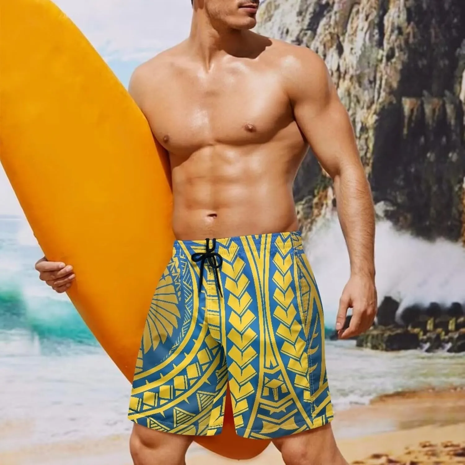 Swim Trunks for Men Polynesian Puletasi Traditional Board Shorts Quick Dry Swimwear Bathing Suits with Pockets