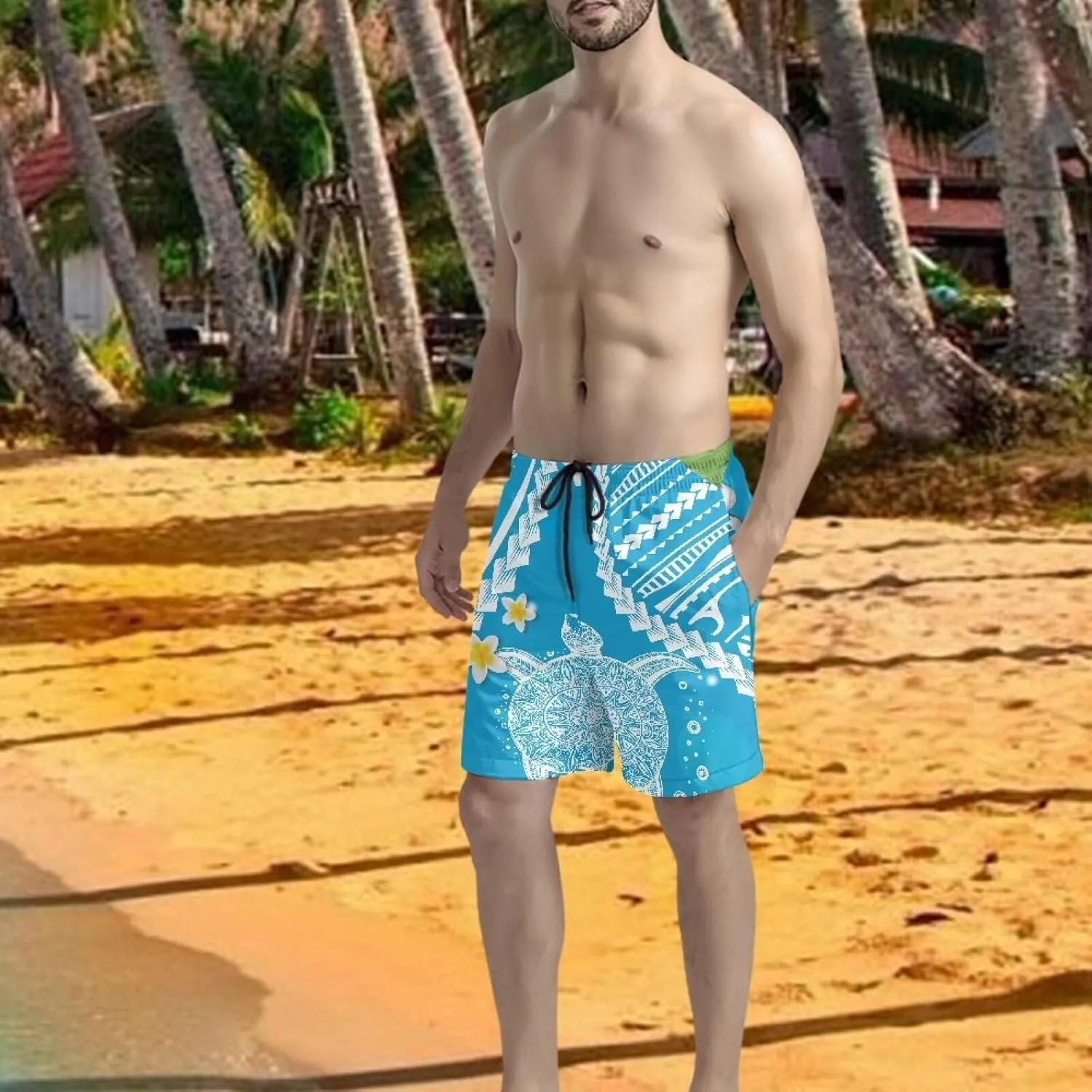 Swim Trunks for Men Polynesian Puletasi Traditional Board Shorts Quick Dry Swimwear Bathing Suits with Pockets