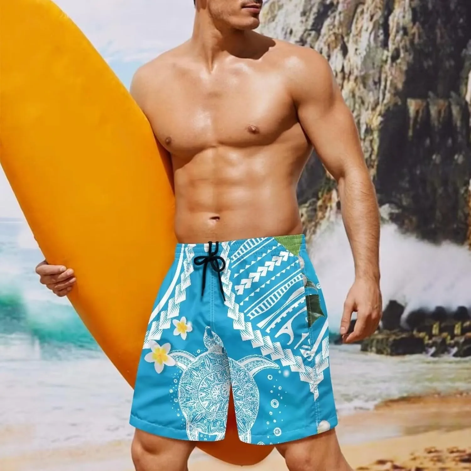 Swim Trunks for Men Polynesian Puletasi Traditional Board Shorts Quick Dry Swimwear Bathing Suits with Pockets