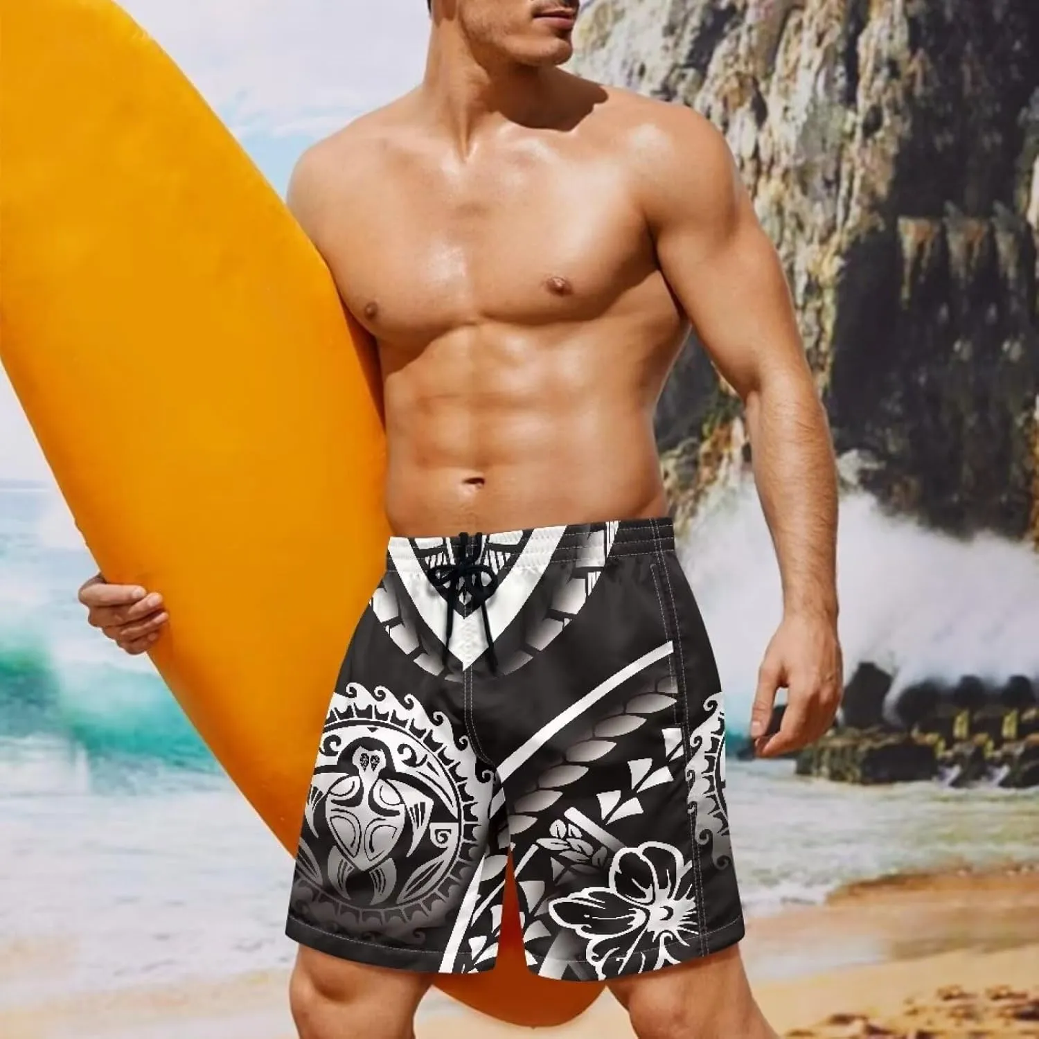 Swim Trunks for Men Polynesian Puletasi Traditional Board Shorts Quick Dry Swimwear Bathing Suits with Pockets