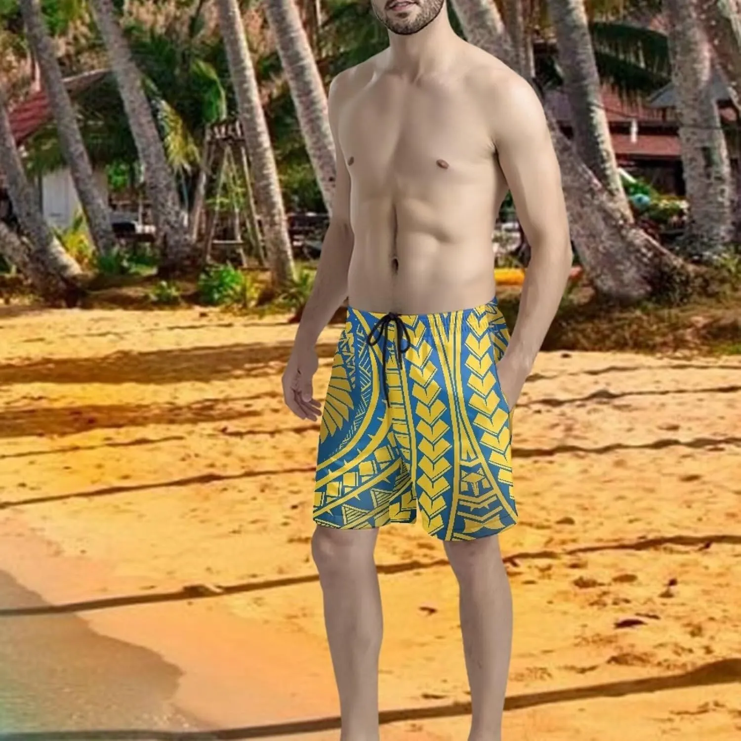 Swim Trunks for Men Polynesian Puletasi Traditional Board Shorts Quick Dry Swimwear Bathing Suits with Pockets