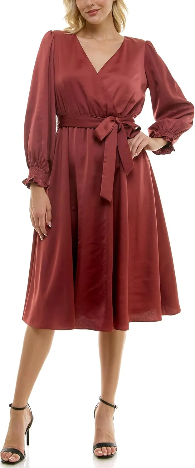 Taylor Women's Long Sleeve Satin Faux Wrap Midi Dress with Sash