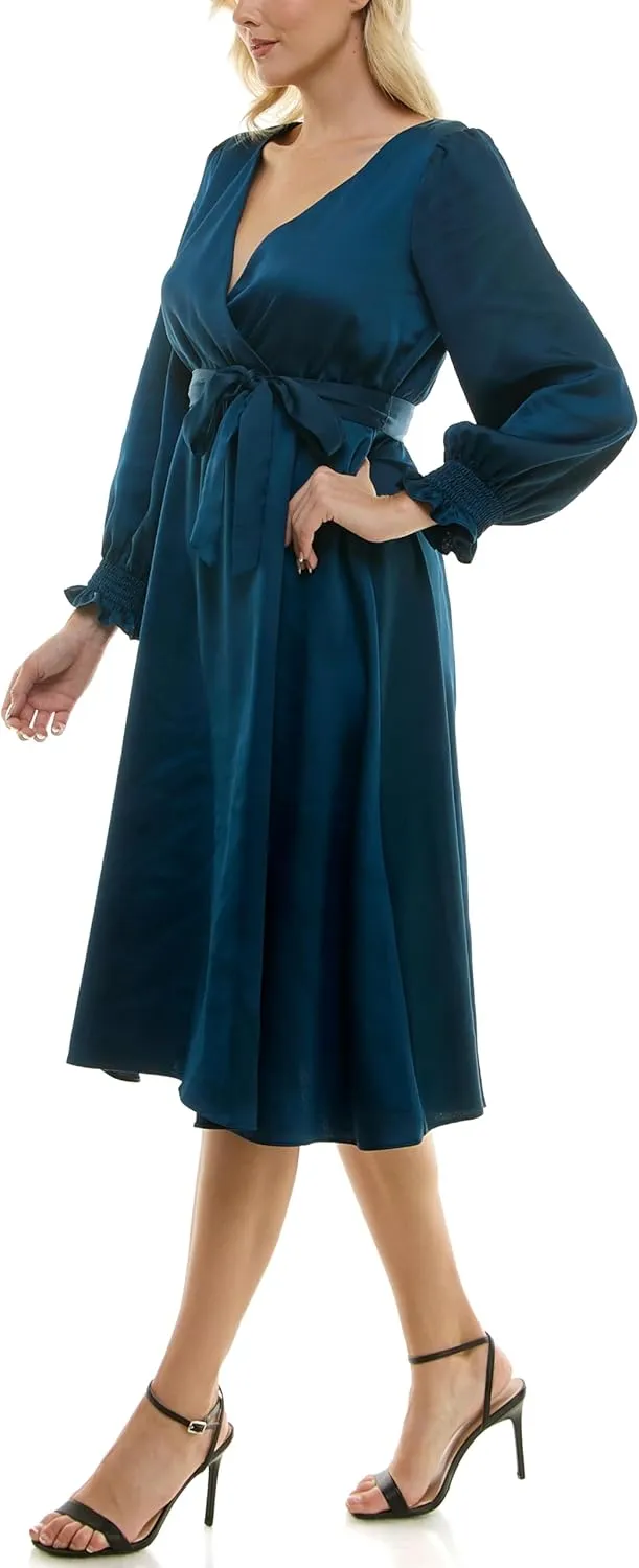 Taylor Women's Long Sleeve Satin Faux Wrap Midi Dress with Sash