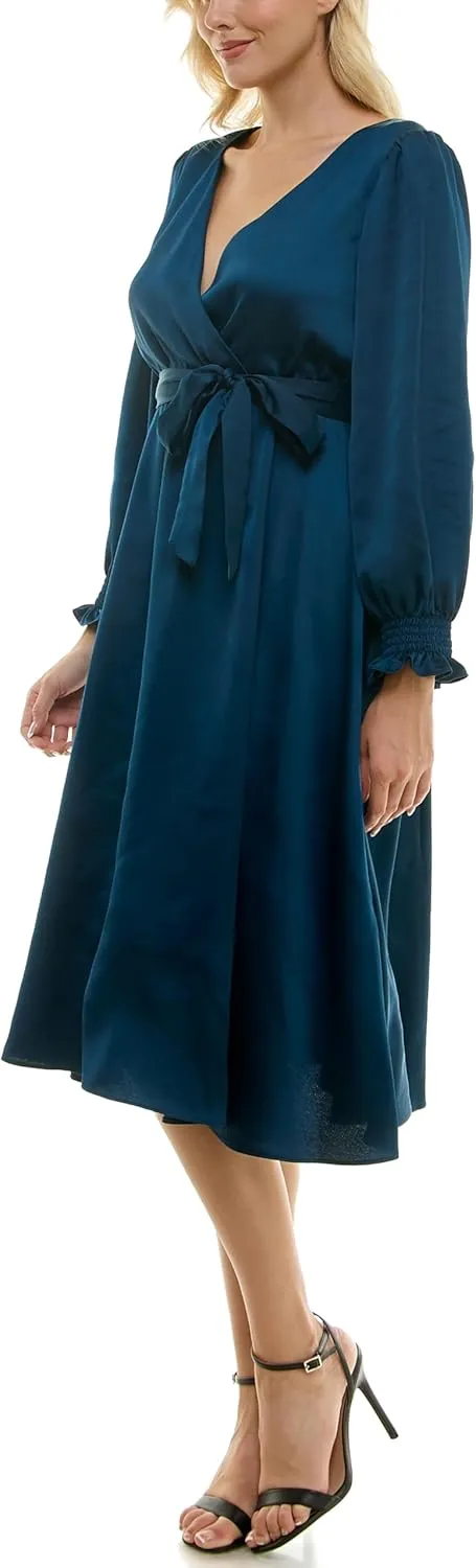 Taylor Women's Long Sleeve Satin Faux Wrap Midi Dress with Sash