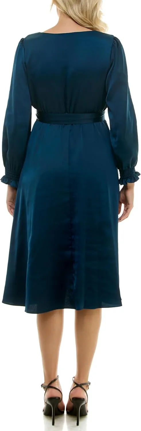 Taylor Women's Long Sleeve Satin Faux Wrap Midi Dress with Sash