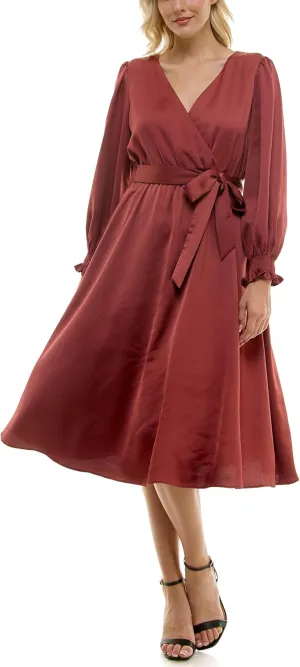 Taylor Women's Long Sleeve Satin Faux Wrap Midi Dress with Sash
