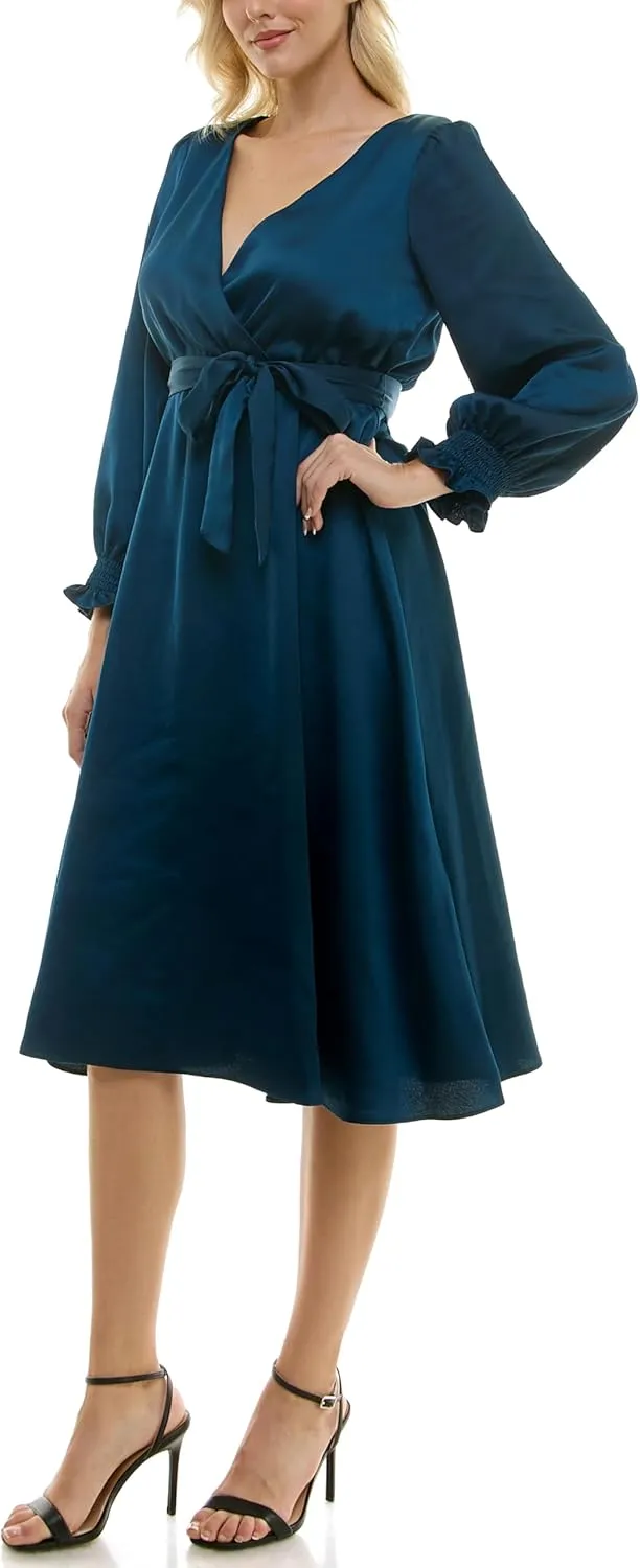 Taylor Women's Long Sleeve Satin Faux Wrap Midi Dress with Sash
