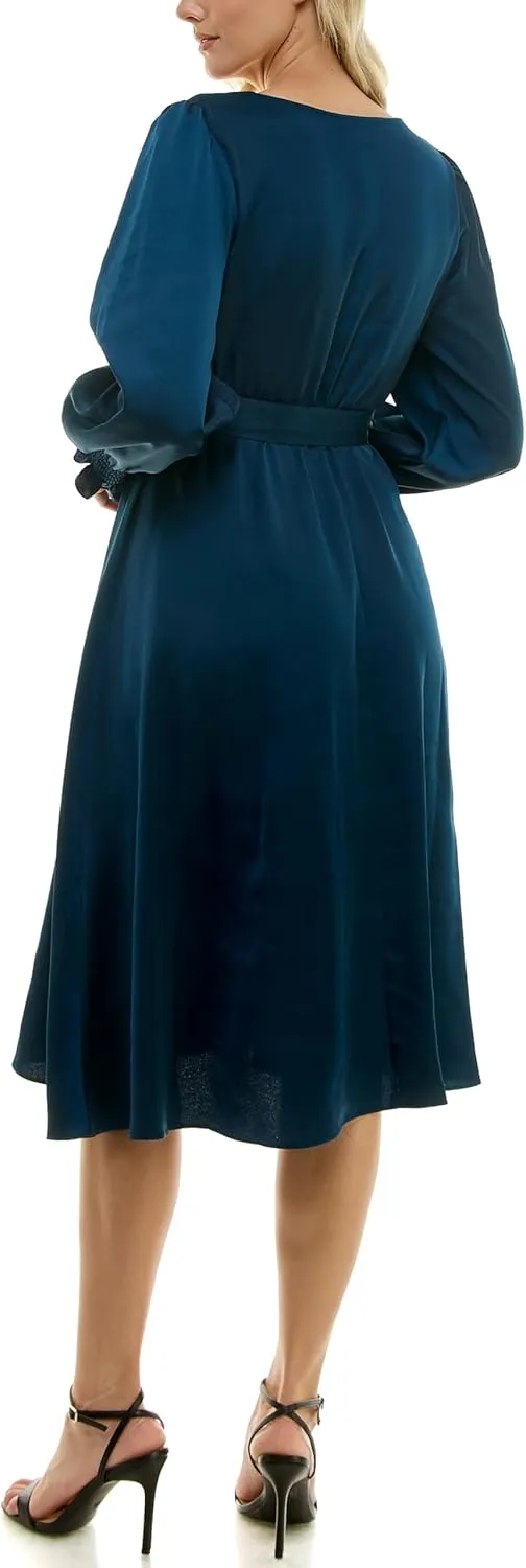 Taylor Women's Long Sleeve Satin Faux Wrap Midi Dress with Sash