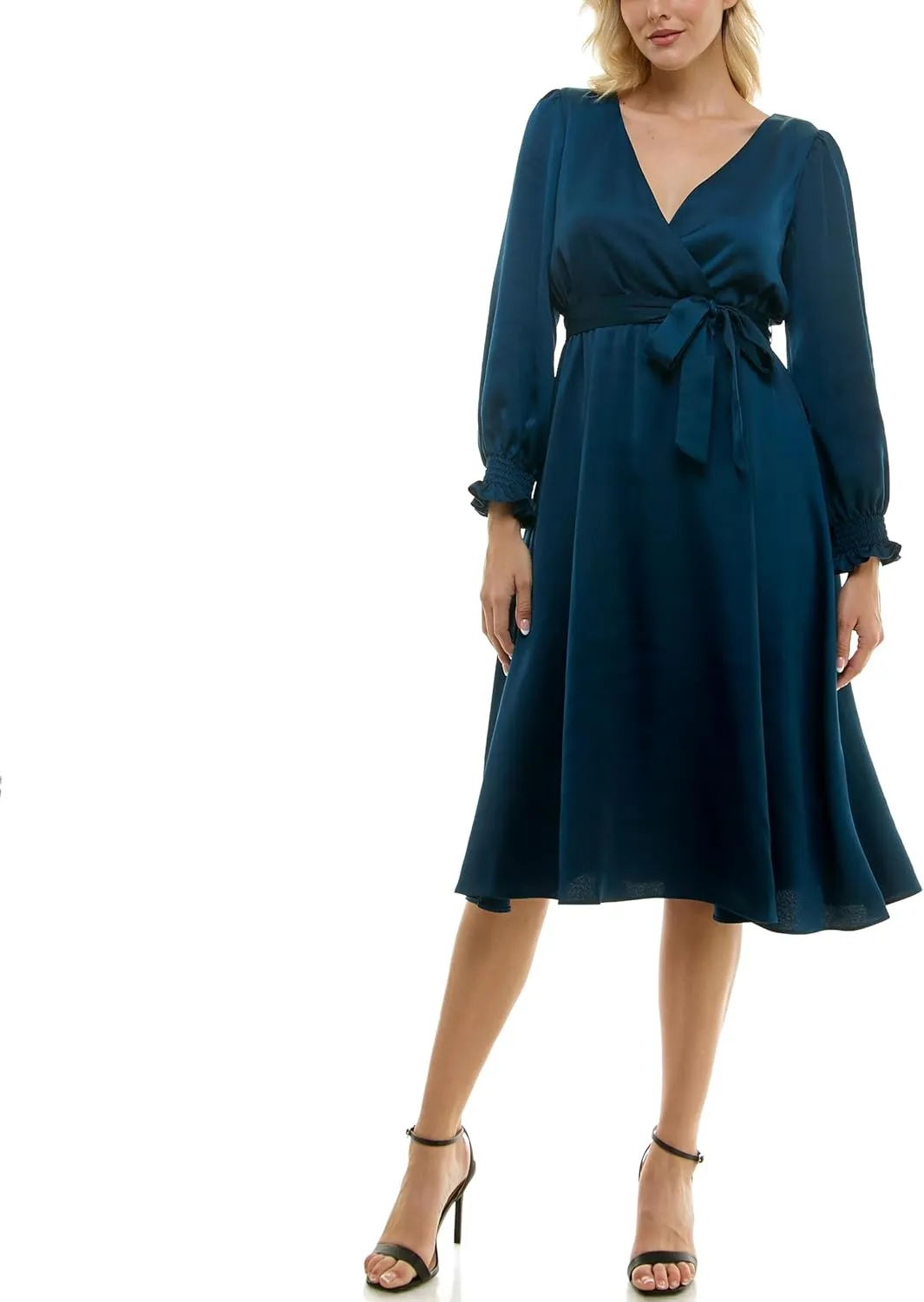 Taylor Women's Long Sleeve Satin Faux Wrap Midi Dress with Sash