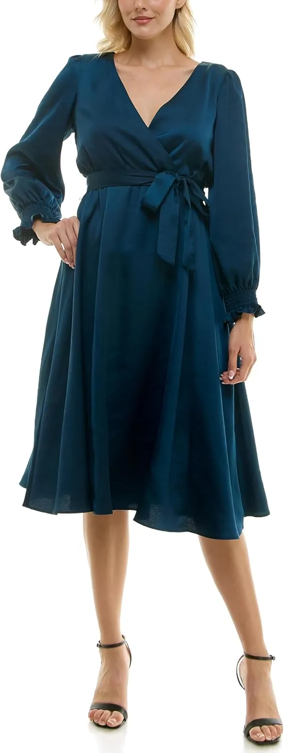 Taylor Women's Long Sleeve Satin Faux Wrap Midi Dress with Sash