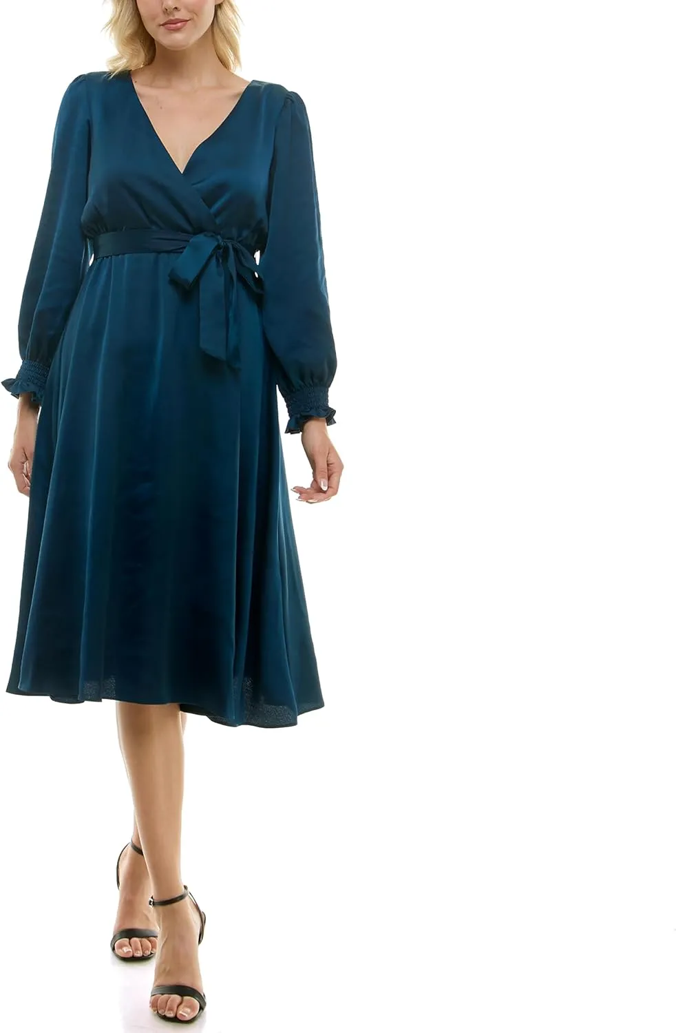 Taylor Women's Long Sleeve Satin Faux Wrap Midi Dress with Sash
