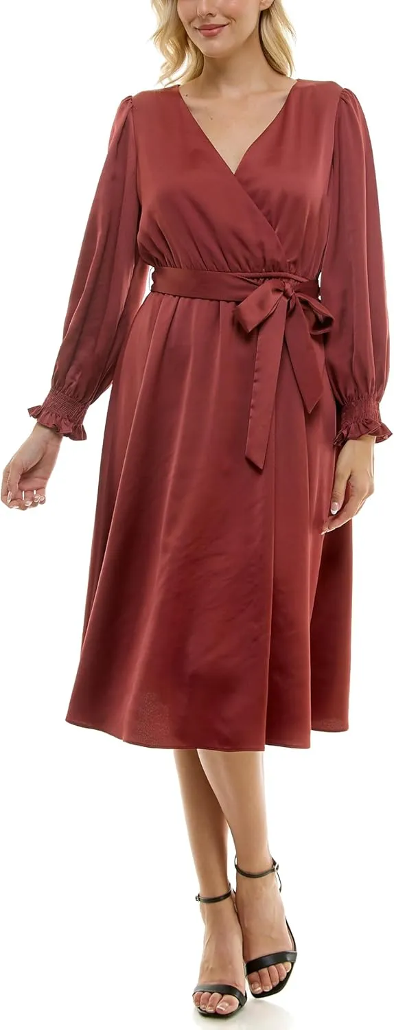 Taylor Women's Long Sleeve Satin Faux Wrap Midi Dress with Sash