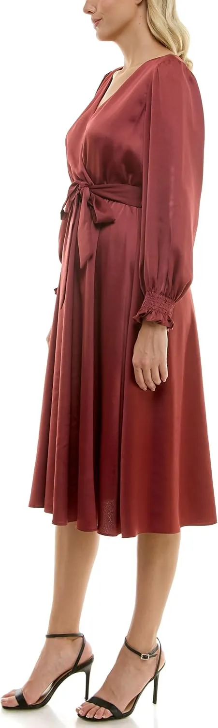 Taylor Women's Long Sleeve Satin Faux Wrap Midi Dress with Sash