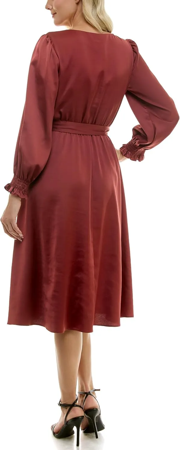 Taylor Women's Long Sleeve Satin Faux Wrap Midi Dress with Sash