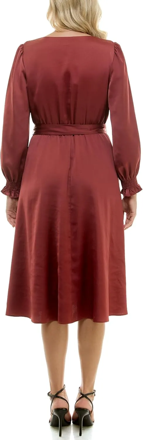 Taylor Women's Long Sleeve Satin Faux Wrap Midi Dress with Sash