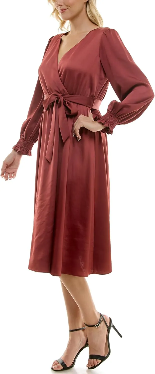 Taylor Women's Long Sleeve Satin Faux Wrap Midi Dress with Sash