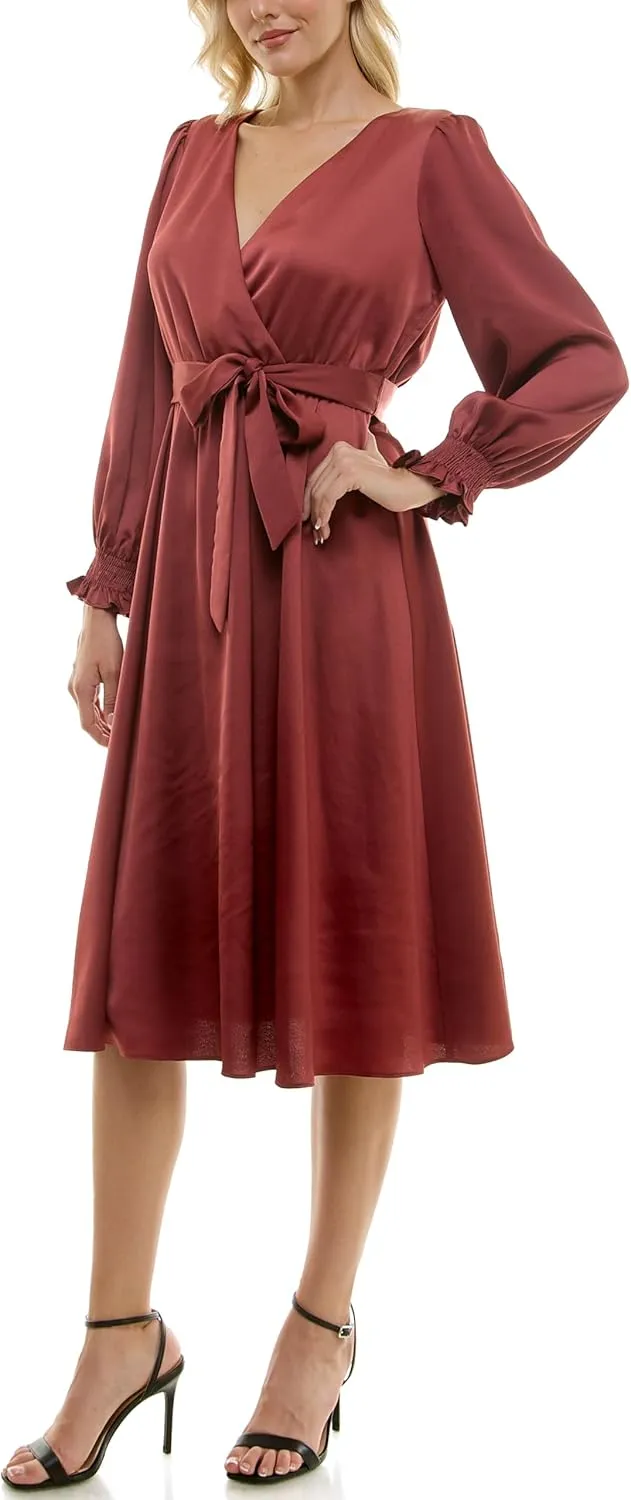 Taylor Women's Long Sleeve Satin Faux Wrap Midi Dress with Sash