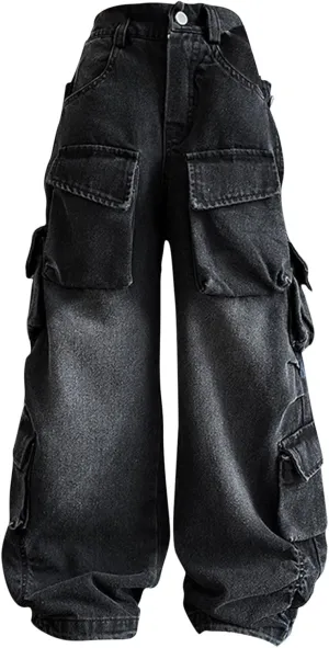 Teens Girls Denim Distressed Baggy Jeans Kids Girls Wide Leg High Waisted Floor Height Washed Pants with Multi Pockets