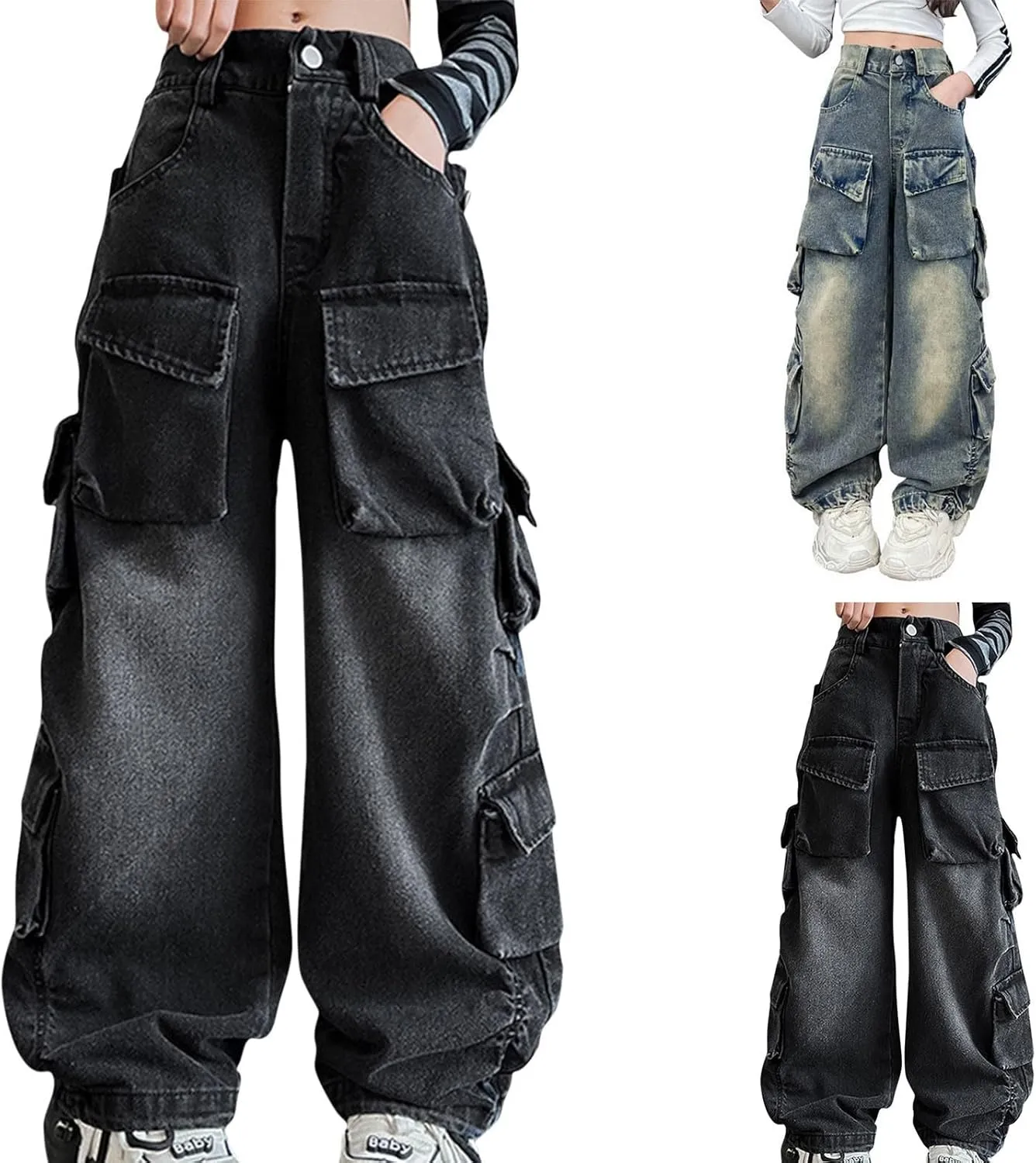 Teens Girls Denim Distressed Baggy Jeans Kids Girls Wide Leg High Waisted Floor Height Washed Pants with Multi Pockets