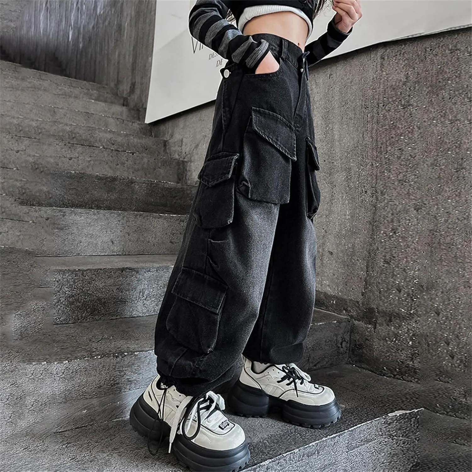 Teens Girls Denim Distressed Baggy Jeans Kids Girls Wide Leg High Waisted Floor Height Washed Pants with Multi Pockets