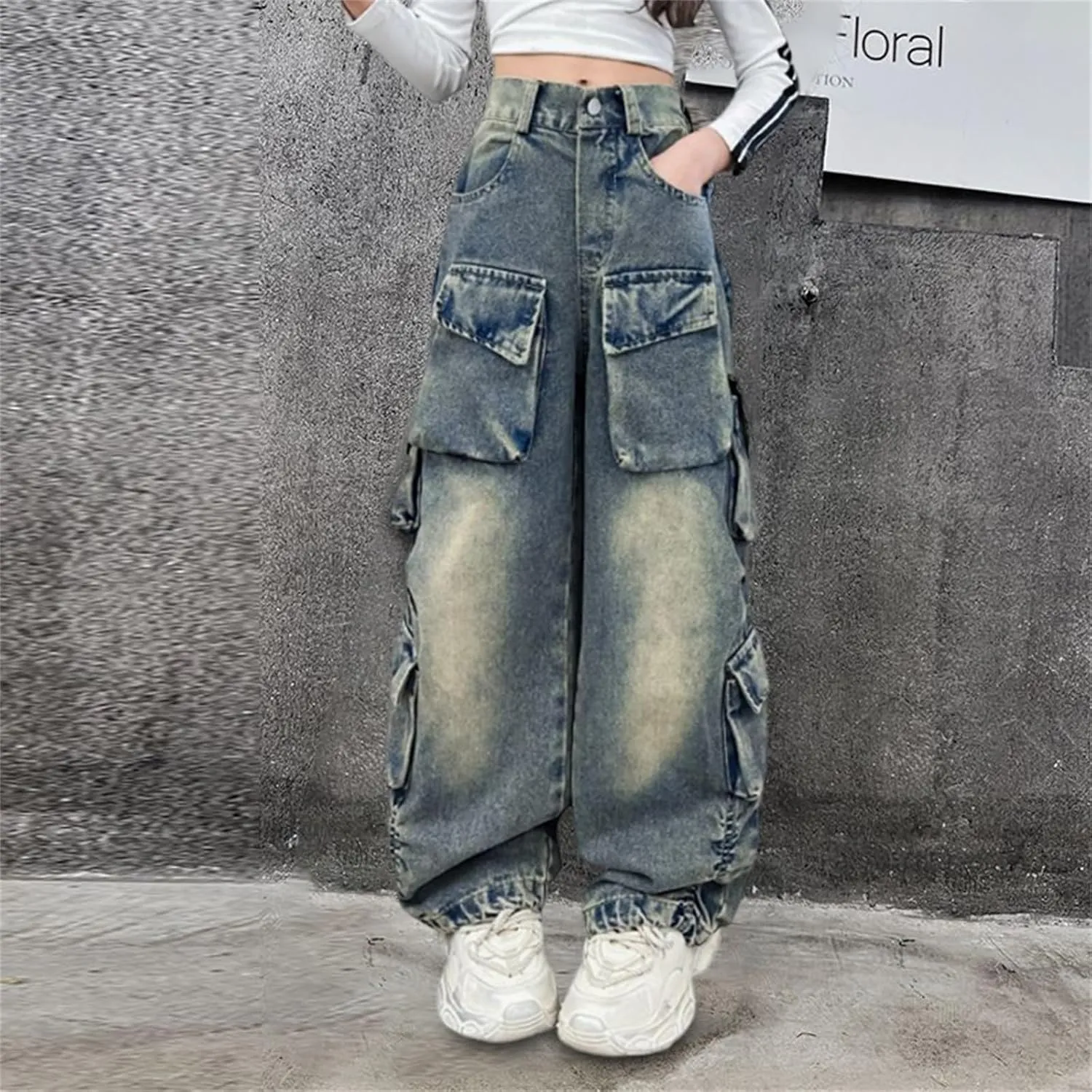 Teens Girls Denim Distressed Baggy Jeans Kids Girls Wide Leg High Waisted Floor Height Washed Pants with Multi Pockets