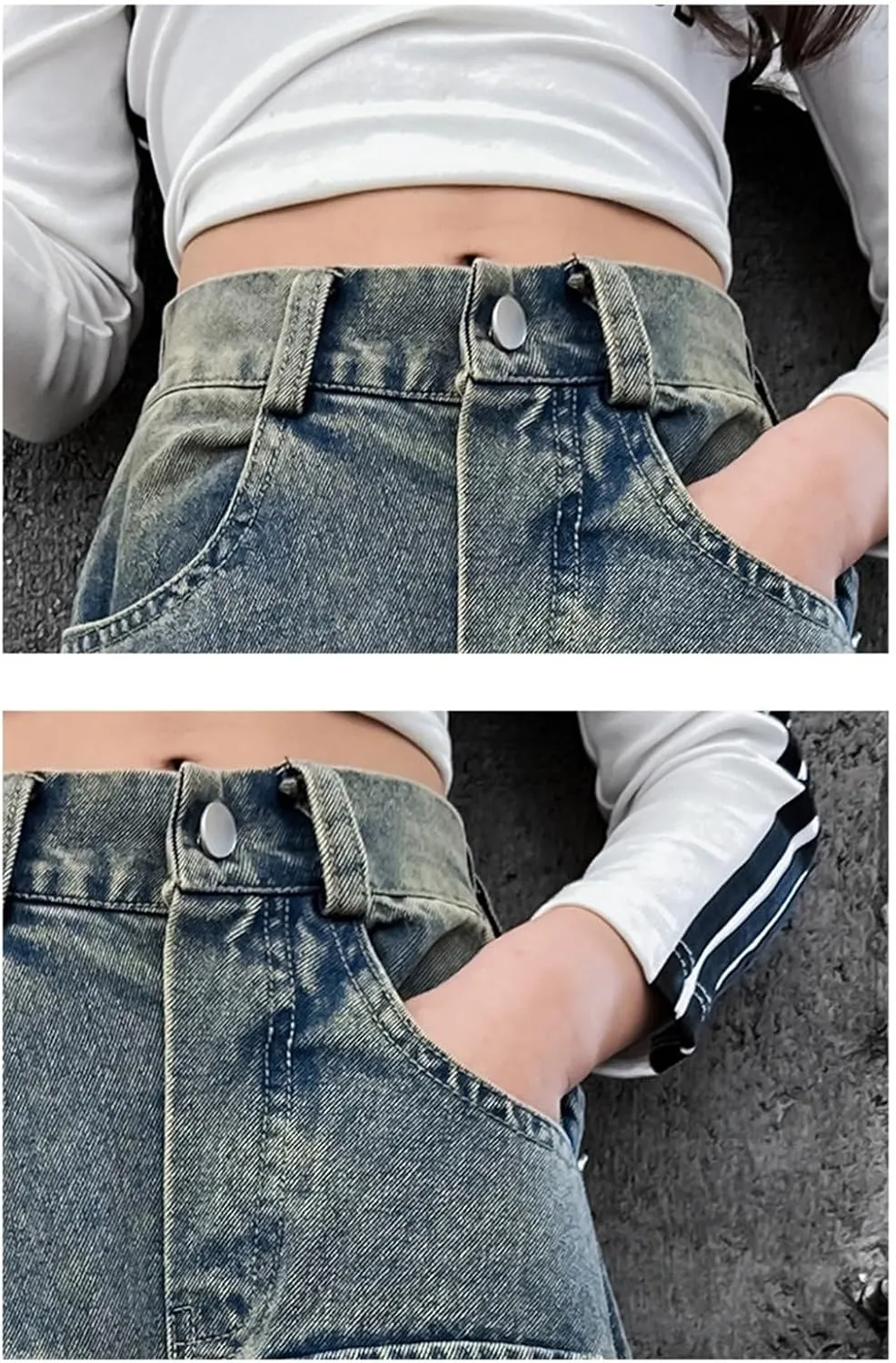Teens Girls Denim Distressed Baggy Jeans Kids Girls Wide Leg High Waisted Floor Height Washed Pants with Multi Pockets