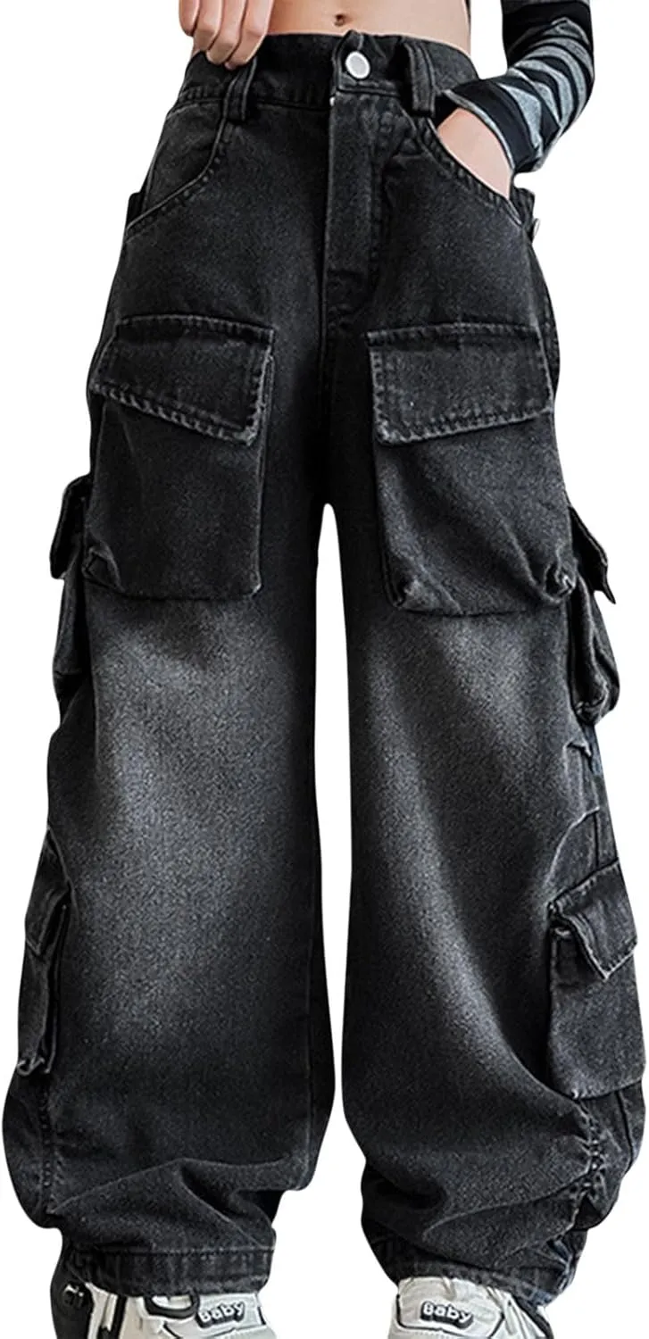 Teens Girls Denim Distressed Baggy Jeans Kids Girls Wide Leg High Waisted Floor Height Washed Pants with Multi Pockets