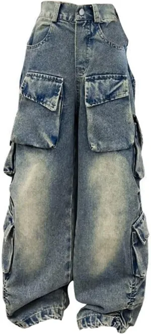 Teens Girls Denim Distressed Baggy Jeans Kids Girls Wide Leg High Waisted Floor Height Washed Pants with Multi Pockets