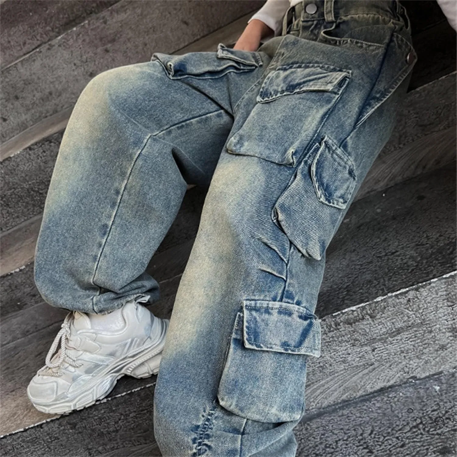 Teens Girls Denim Distressed Baggy Jeans Kids Girls Wide Leg High Waisted Floor Height Washed Pants with Multi Pockets