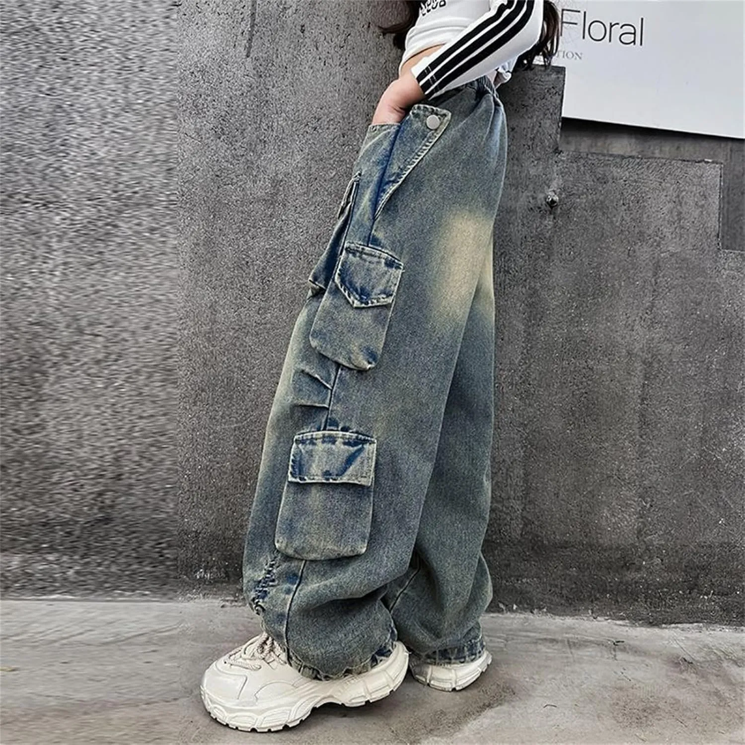 Teens Girls Denim Distressed Baggy Jeans Kids Girls Wide Leg High Waisted Floor Height Washed Pants with Multi Pockets