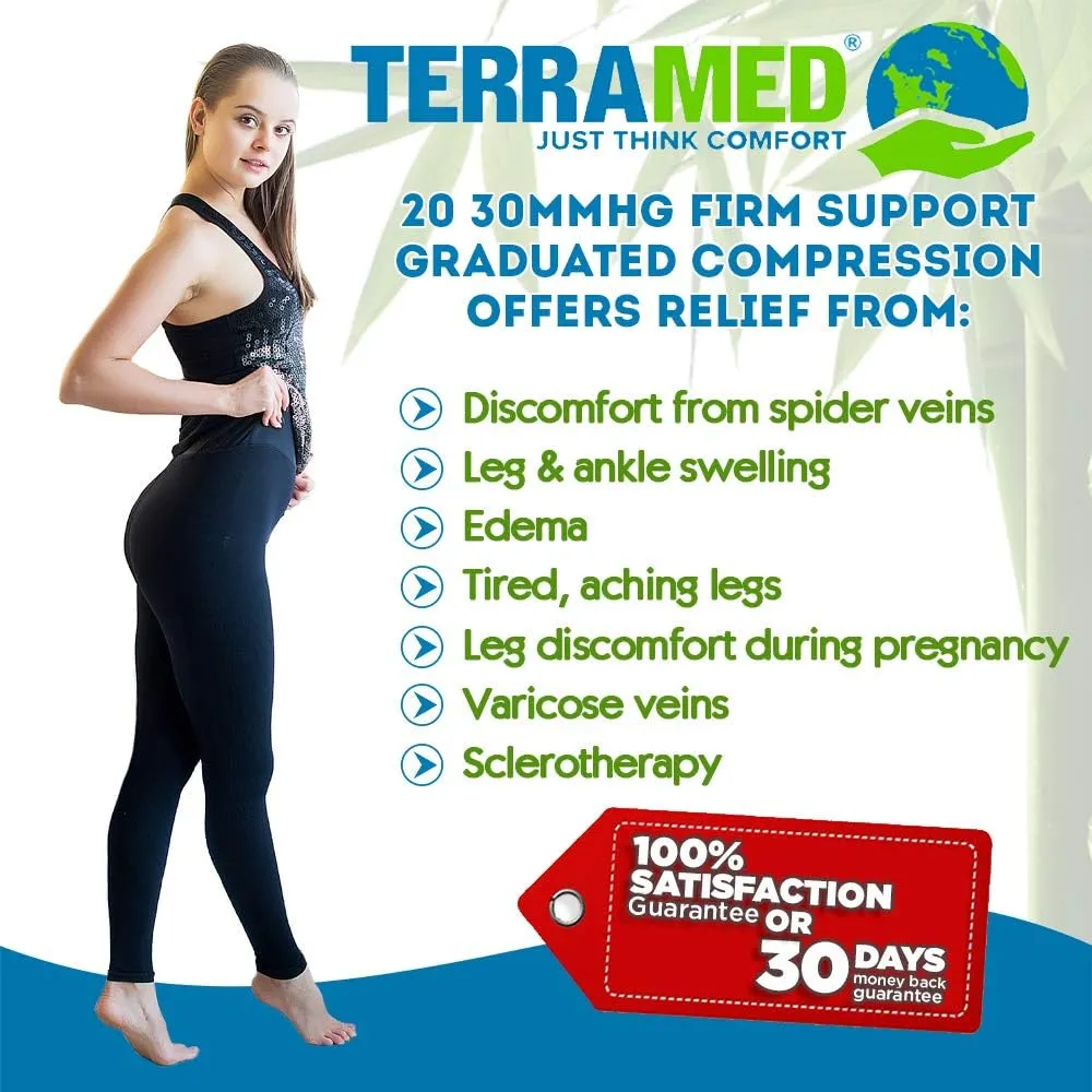 Terramed Just Think Comfort Extra Firm Footless Graduated Compression Microfiber Leggings Opaque Tights for Women (20-30 mmHg) with Control Top (Large) Black