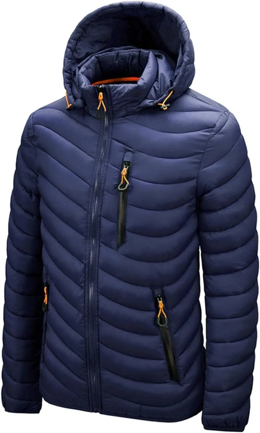 Thatrich Mens Lightweight Puffer Jacket with Hood Removable Hooded Jacket Zip Up Long Sleeve Water-Resistant Winter Outerwear