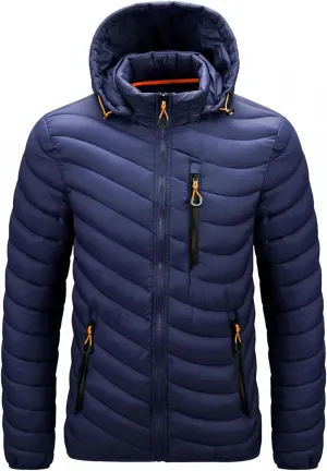 Thatrich Mens Lightweight Puffer Jacket with Hood Removable Hooded Jacket Zip Up Long Sleeve Water-Resistant Winter Outerwear