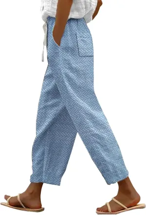 Today Deals Linen Pants Women Summer 2024 Striped Casual Elastic High Waist Straight Leg Loose Boho Trendy Trousers Cropped Trouser, Small, Women1-sky Blue