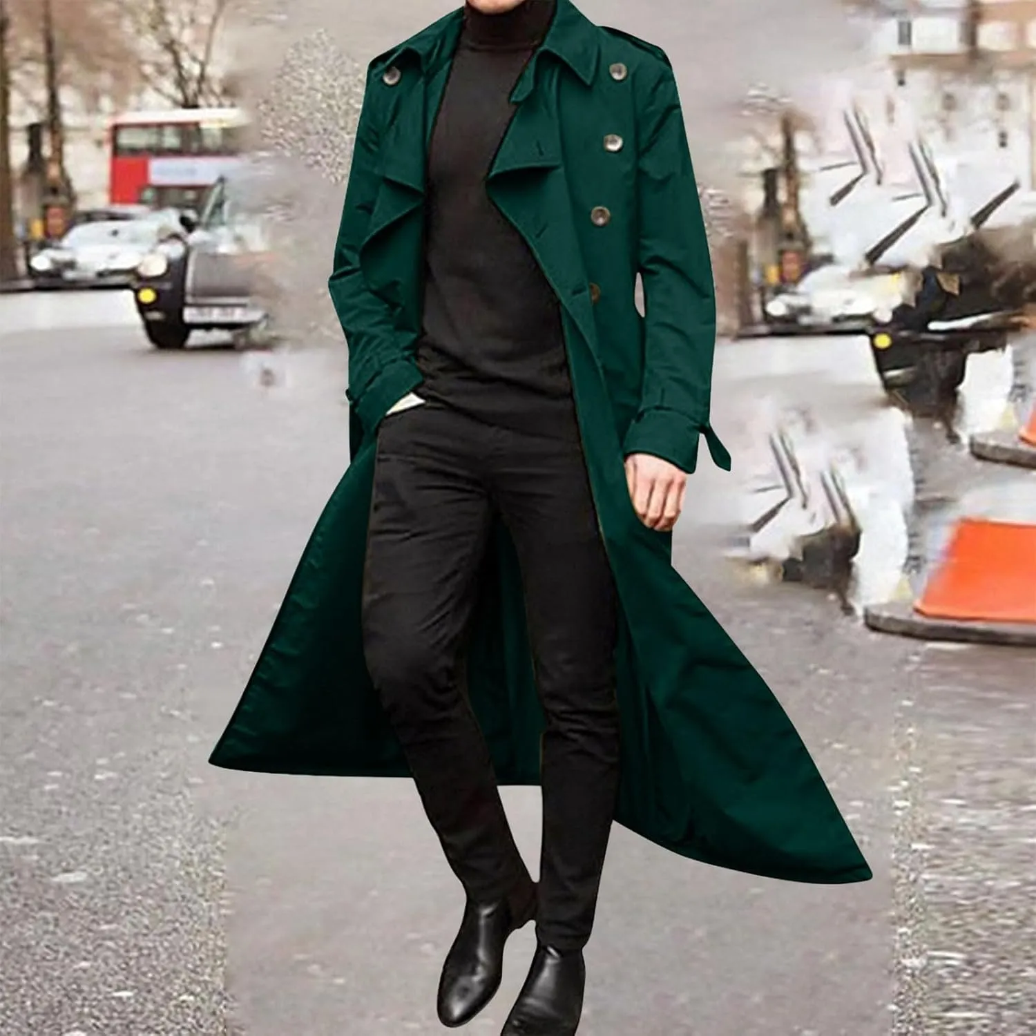 Trench Coats for Men Fall Long Jackets Double Breasted Overcoat Long Sleeve Tops Casual Business Outerwear with Pocket