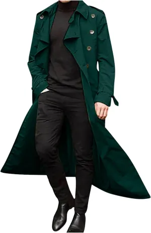 Trench Coats for Men Fall Long Jackets Double Breasted Overcoat Long Sleeve Tops Casual Business Outerwear with Pocket