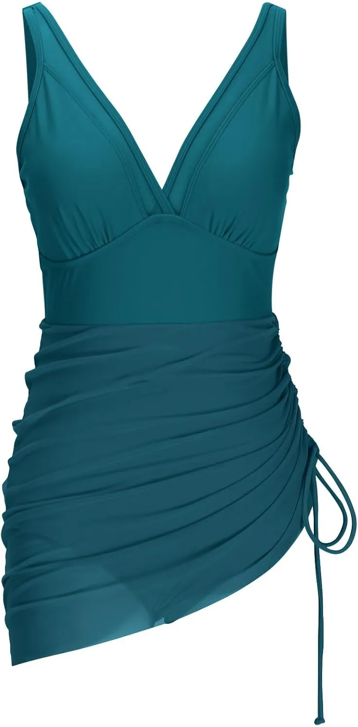 TUNUSKAT Womens One Piece Swim Dress Tummy Control Swimsuits Slimming Modest Bathing Suit Sheer Mesh Sarong Wraps Swim Suits