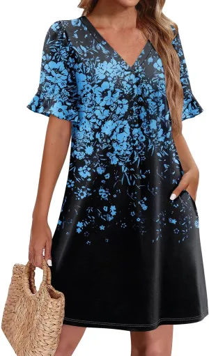 TWGONE Summer Dresses for Curvy Women Plus Size Ruffle Short Sleeve V Neck Casual Semi Formal Shift Dress with Pockets
