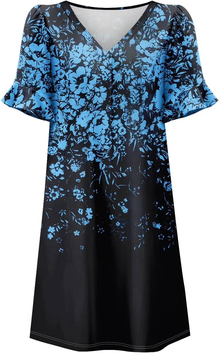 TWGONE Summer Dresses for Curvy Women Plus Size Ruffle Short Sleeve V Neck Casual Semi Formal Shift Dress with Pockets