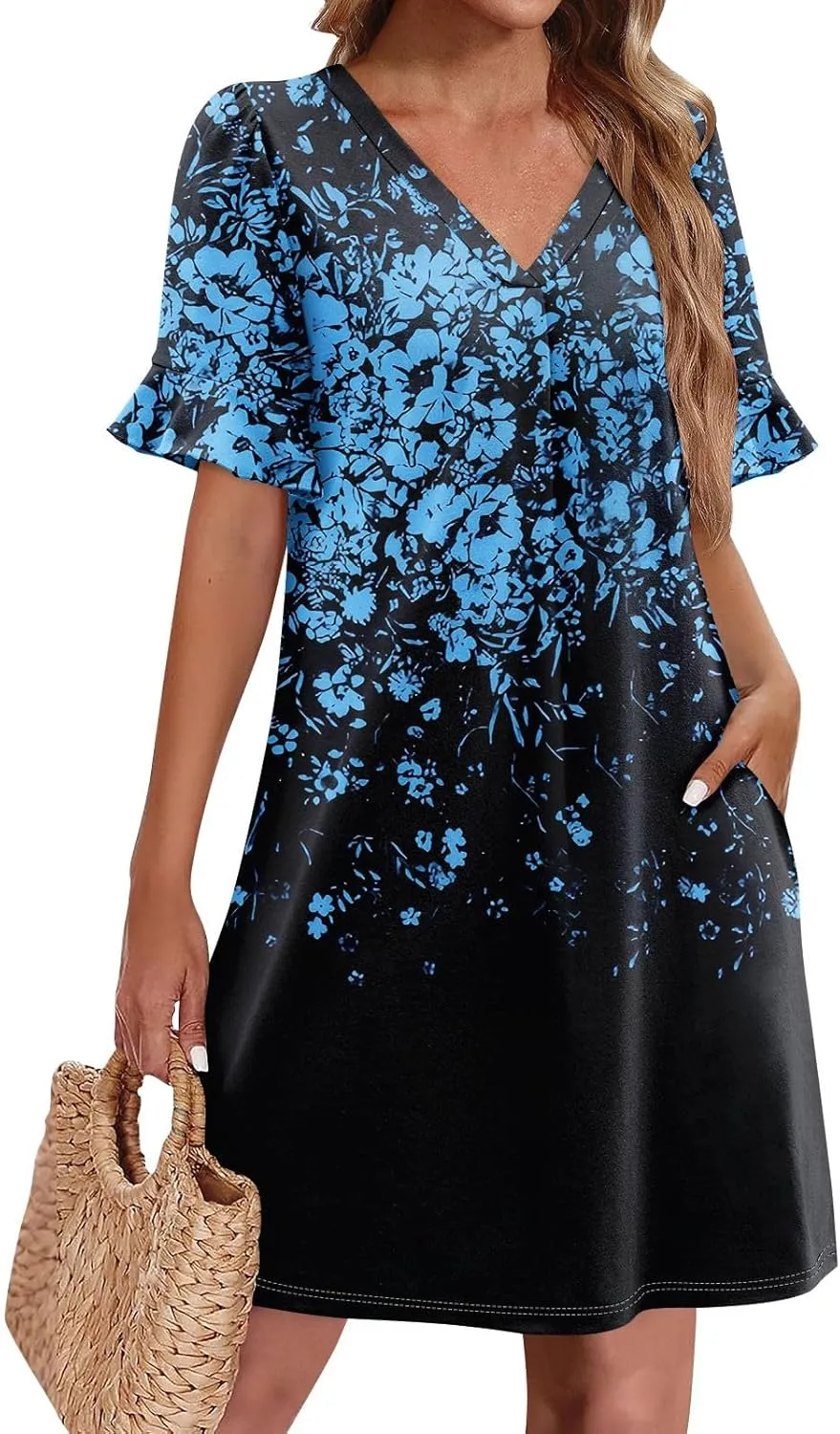 TWGONE Summer Dresses for Curvy Women Plus Size Ruffle Short Sleeve V Neck Casual Semi Formal Shift Dress with Pockets