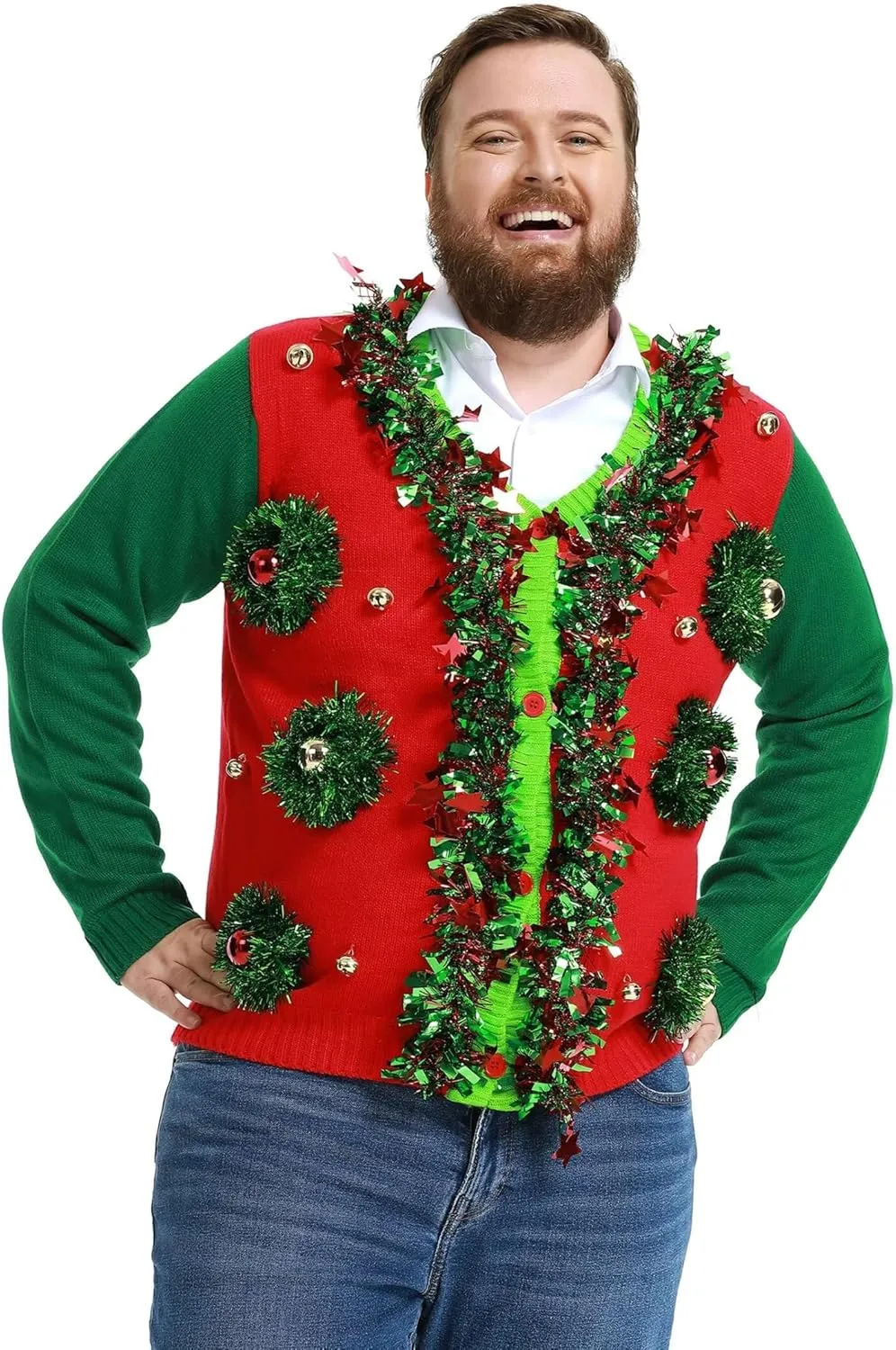 Ugly Christmas Sweater Unisex Funny Novelty Knit Pullover Men with Santa Reindder for Xmas PartyMediumTinsel Trim Colour Fest