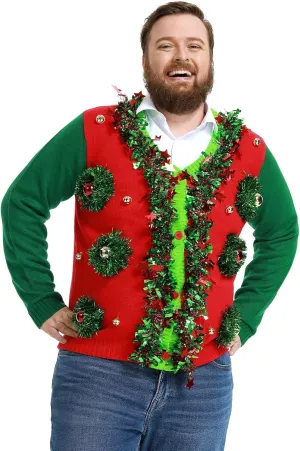Ugly Christmas Sweater Unisex Funny Novelty Knit Pullover Men with Santa Reindder for Xmas PartyMediumTinsel Trim Colour Fest