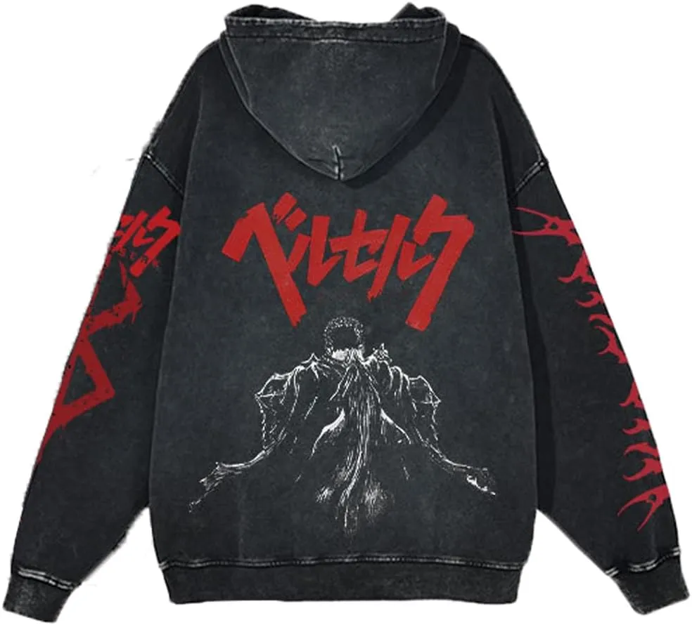 Unisex Berserks Vintage Hoodie Men Anime 3D Novelty Hooded Sweatshirt Long Sleeve Zip Up Casual Jacket Outerwear