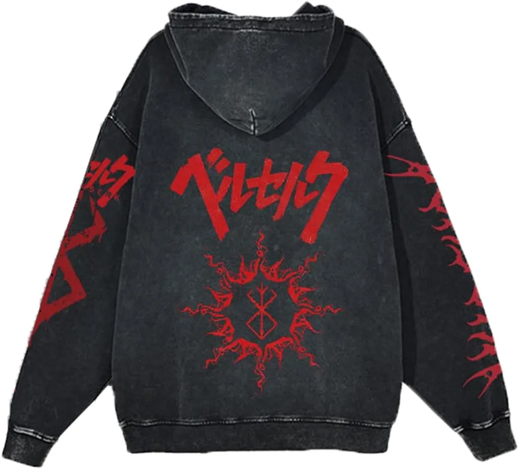 Unisex Berserks Vintage Hoodie Men Anime 3D Novelty Hooded Sweatshirt Long Sleeve Zip Up Casual Jacket Outerwear