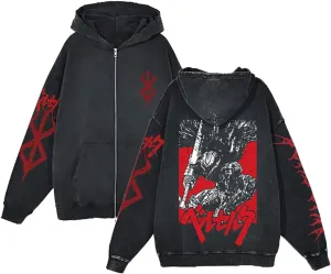 Unisex Berserks Vintage Hoodie Men Anime 3D Novelty Hooded Sweatshirt Long Sleeve Zip Up Casual Jacket Outerwear