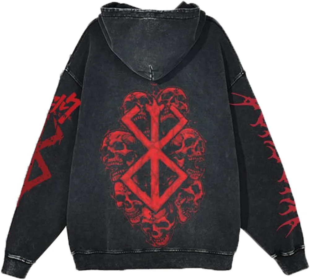 Unisex Berserks Vintage Hoodie Men Anime 3D Novelty Hooded Sweatshirt Long Sleeve Zip Up Casual Jacket Outerwear