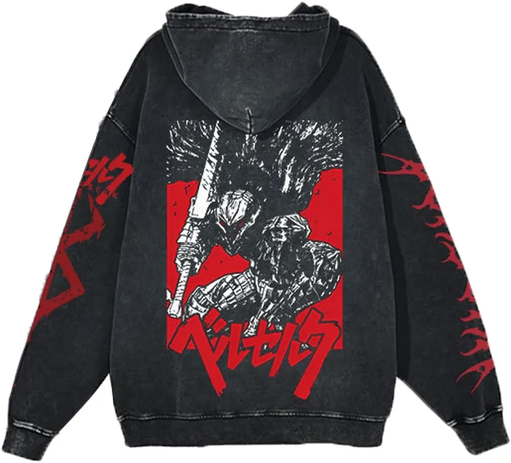 Unisex Berserks Vintage Hoodie Men Anime 3D Novelty Hooded Sweatshirt Long Sleeve Zip Up Casual Jacket Outerwear