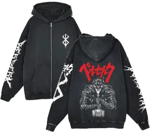 Unisex Berserks Vintage Hoodie Men Anime 3D Novelty Hooded Sweatshirt Long Sleeve Zip Up Casual Jacket Outerwear